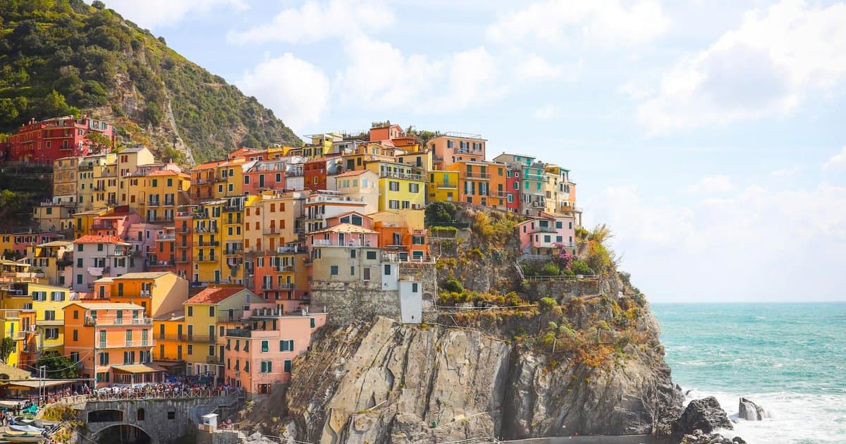 View of colorful houses in Cinque Terre, Italy at sunset