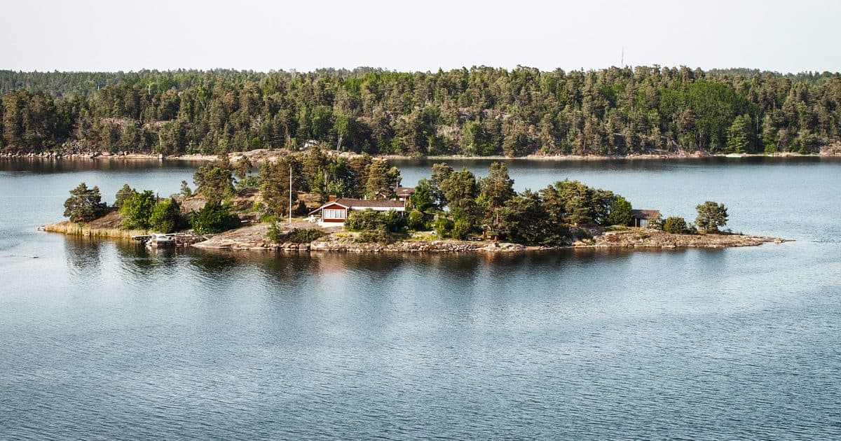 A small island with a red wooden cottage and pine trees in the calm water of the Stockholm archipelago