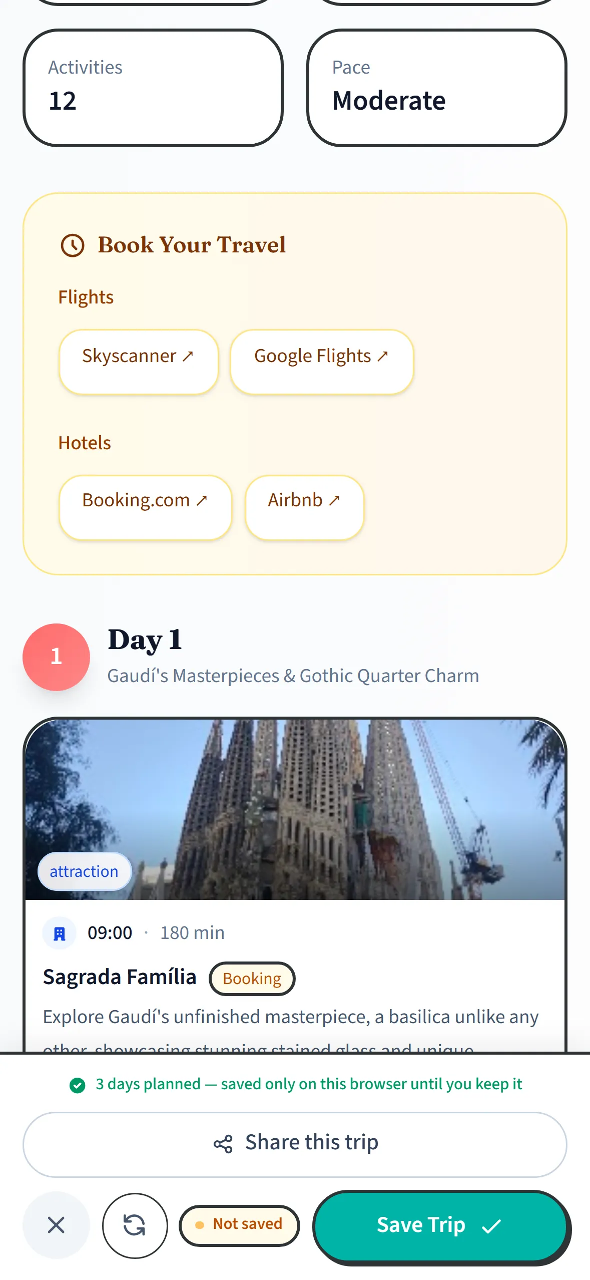 Um roteiro de três dias por Barcelona gerado no MonkeyTravel: o dia 1 começa com a Sagrada Família às 09:00 por 180 minutos, marcada como atração, acima de um resumo que mostra 12 atividades em ritmo moderado.